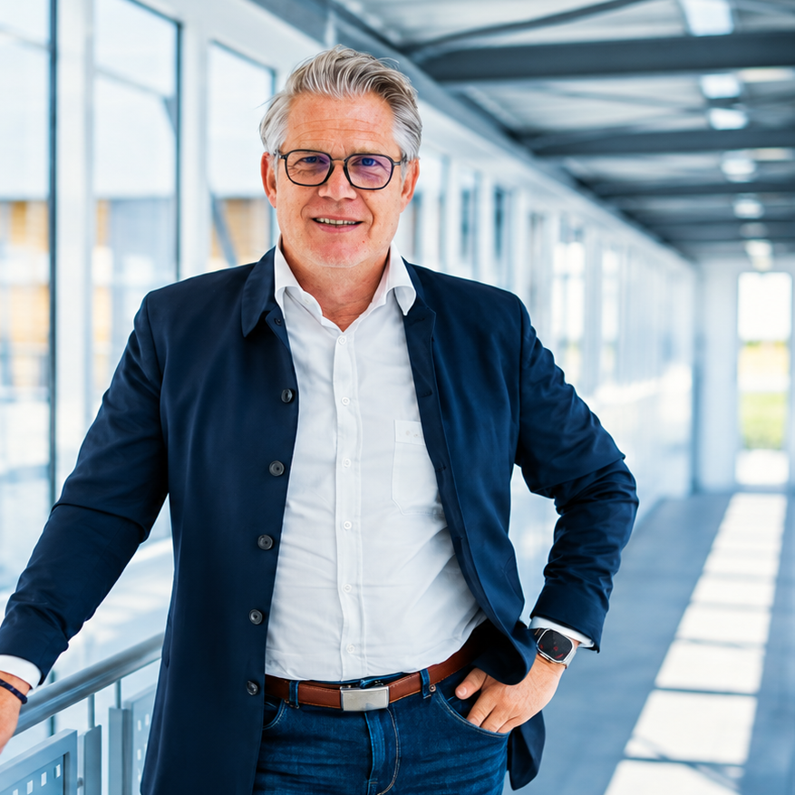 Carsten Stölting im blauen Sakko, freundlich und offen in einem hellen Gebäude